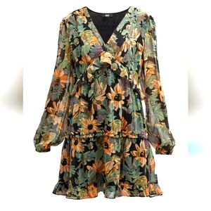 PAIGE Floral Mini Dress - Black, Green, Orange, 100% Silk, Size XS